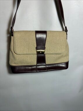 Etienne Aigner Beige Canvas and Dark Brown Faux Leather Shoulder Bag